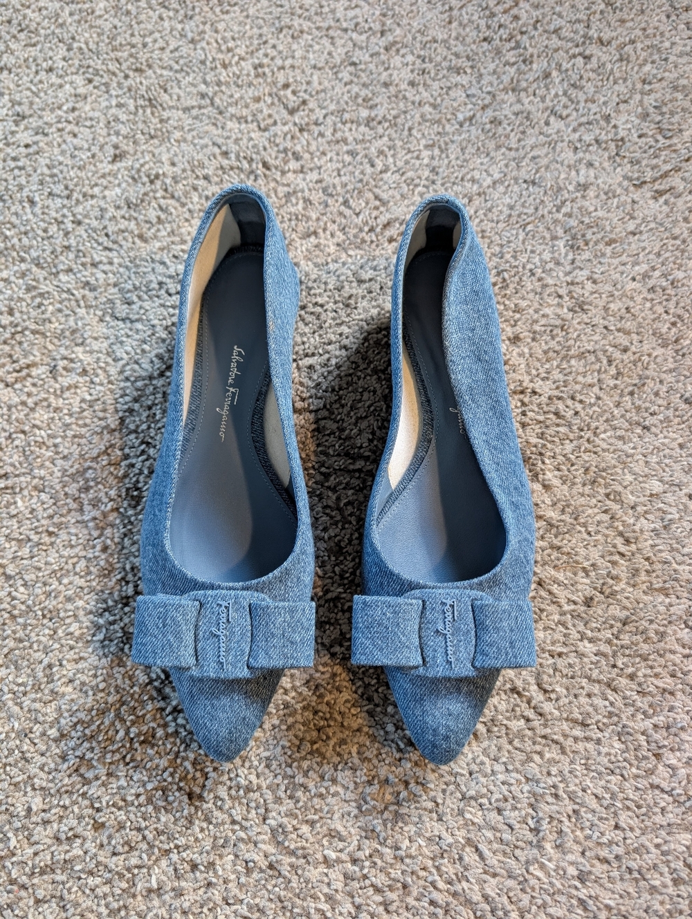 Ferragmo Denim Ballet Flats W/ Bow
